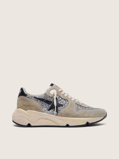 Golden Goose Womens Running Sole In Silver Glitter And Dove Gray Suede Womens