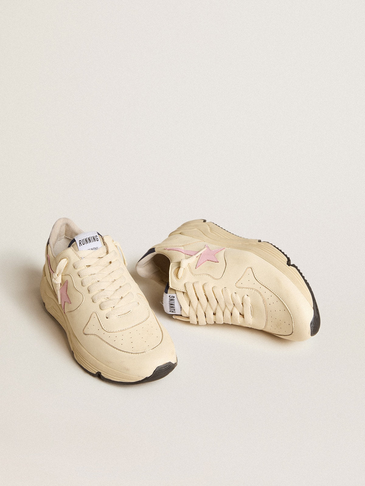 Golden Goose Womens Running Sole In Nappa Leather With Pink Leather Star And Blue Leather Heel Tab Womens