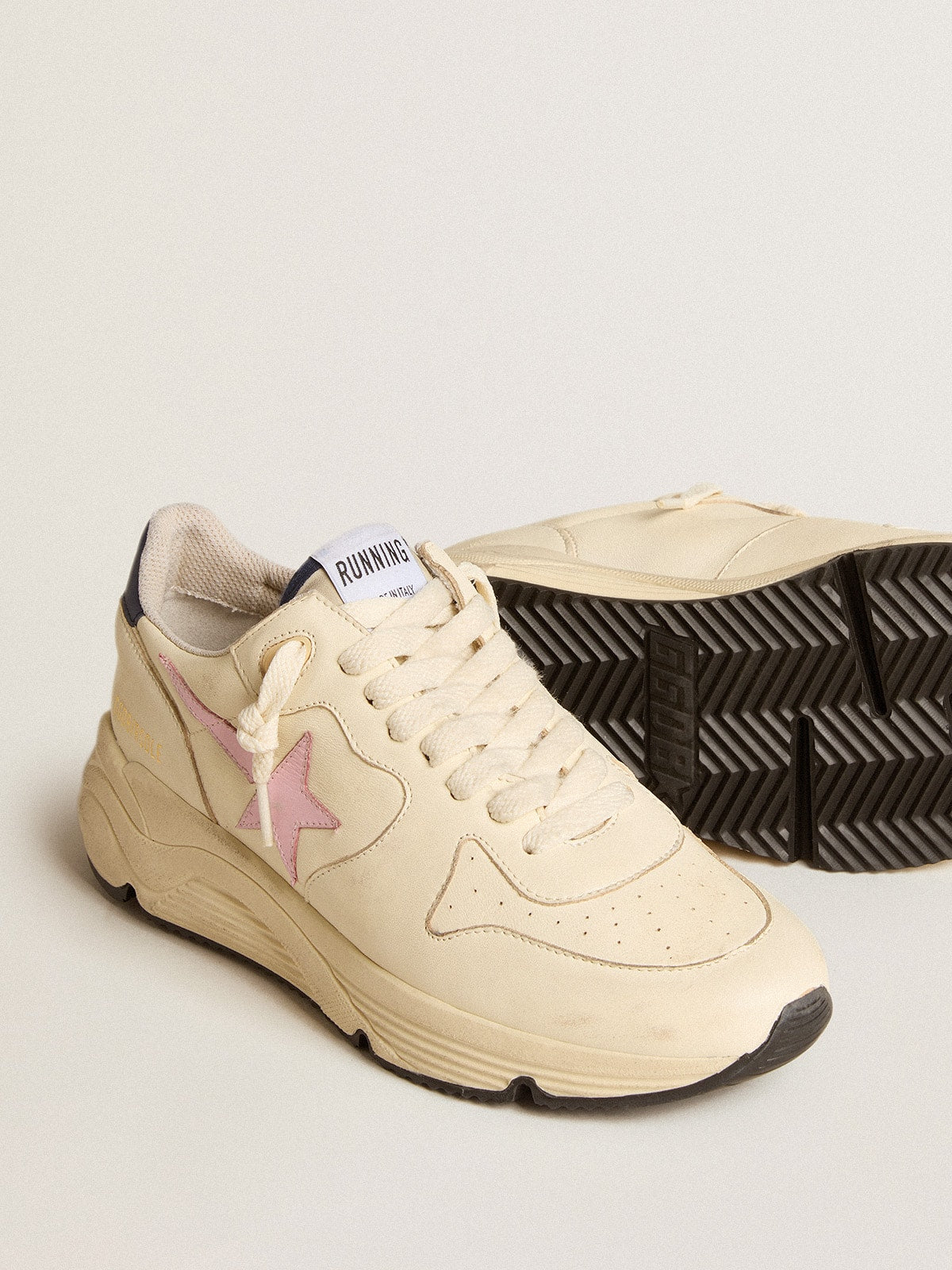 Golden Goose Womens Running Sole In Nappa Leather With Pink Leather Star And Blue Leather Heel Tab Womens