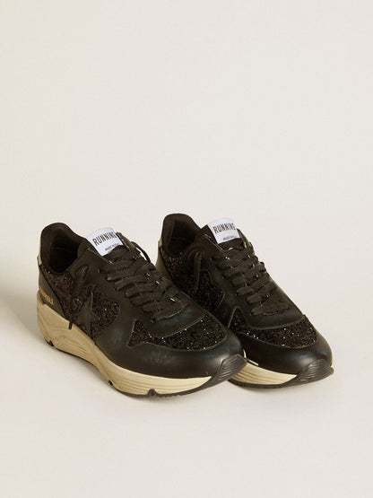Golden Goose Womens Running Sole In Black Glitter With Leather Star And Nubuck Heel Tab Womens