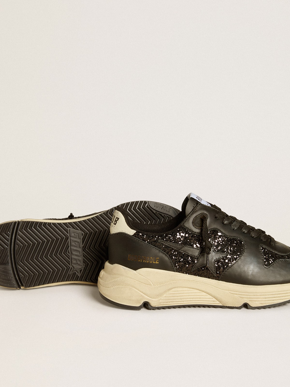 Golden Goose Womens Running Sole In Black Glitter With Leather Star And Nubuck Heel Tab Womens