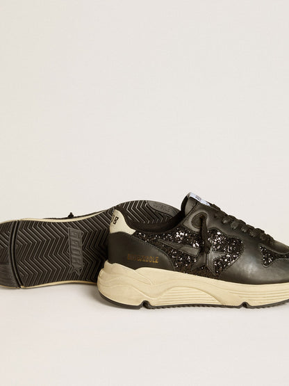 Golden Goose Womens Running Sole In Black Glitter With Leather Star And Nubuck Heel Tab Womens