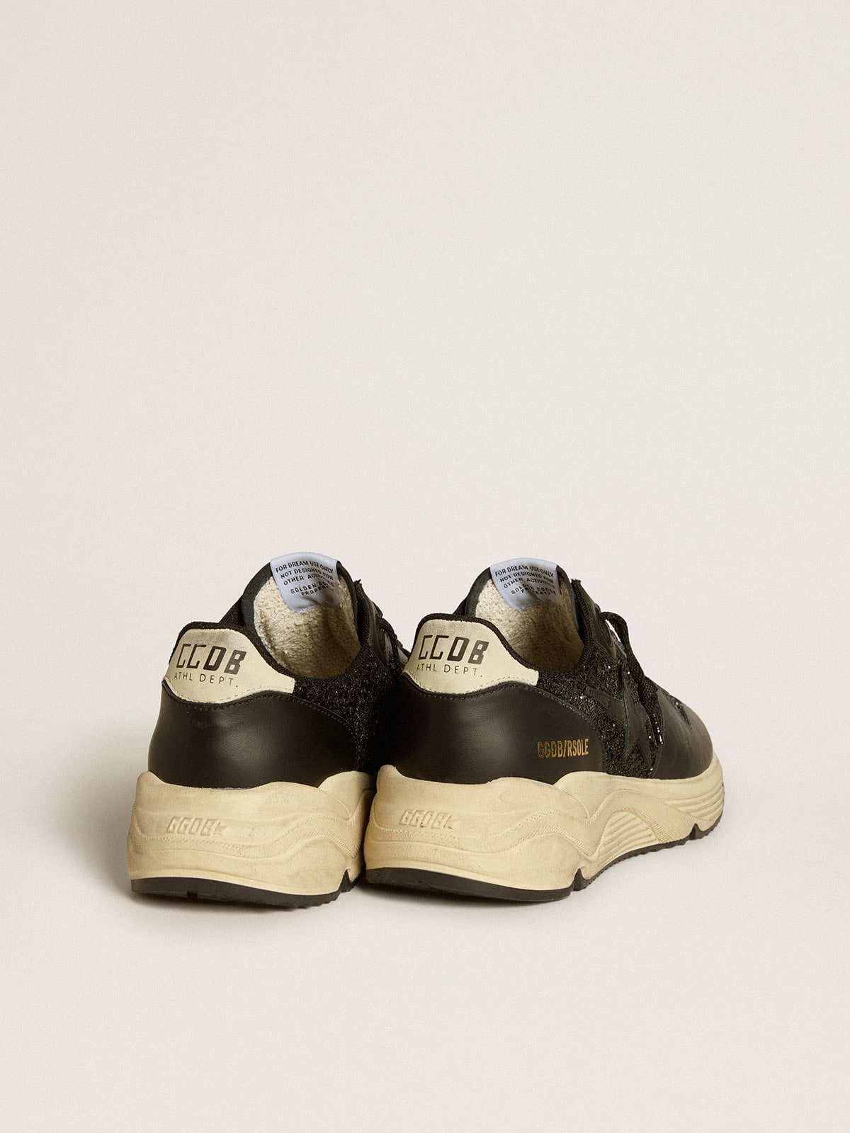 Golden Goose Womens Running Sole In Black Glitter With Leather Star And Nubuck Heel Tab Womens
