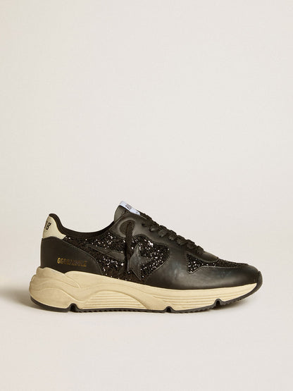Golden Goose Womens Running Sole In Black Glitter With Leather Star And Nubuck Heel Tab Womens