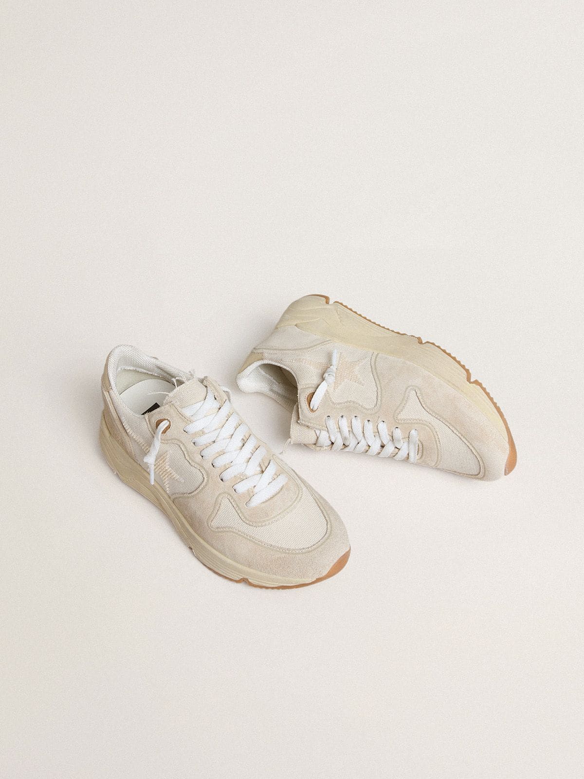 Golden Goose Womens Running Sole In Canvas With Beige Star And Platinum Metallic Leather Heel Tab Womens