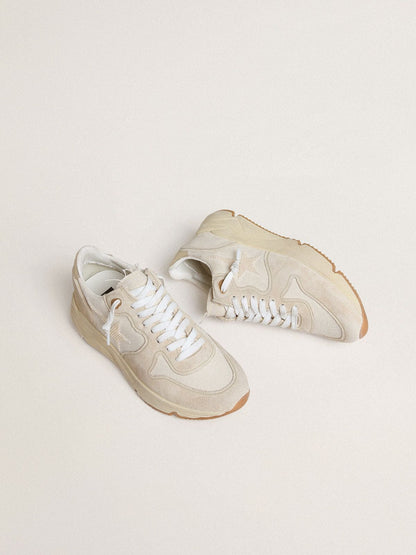 Golden Goose Womens Running Sole In Canvas With Beige Star And Platinum Metallic Leather Heel Tab Womens
