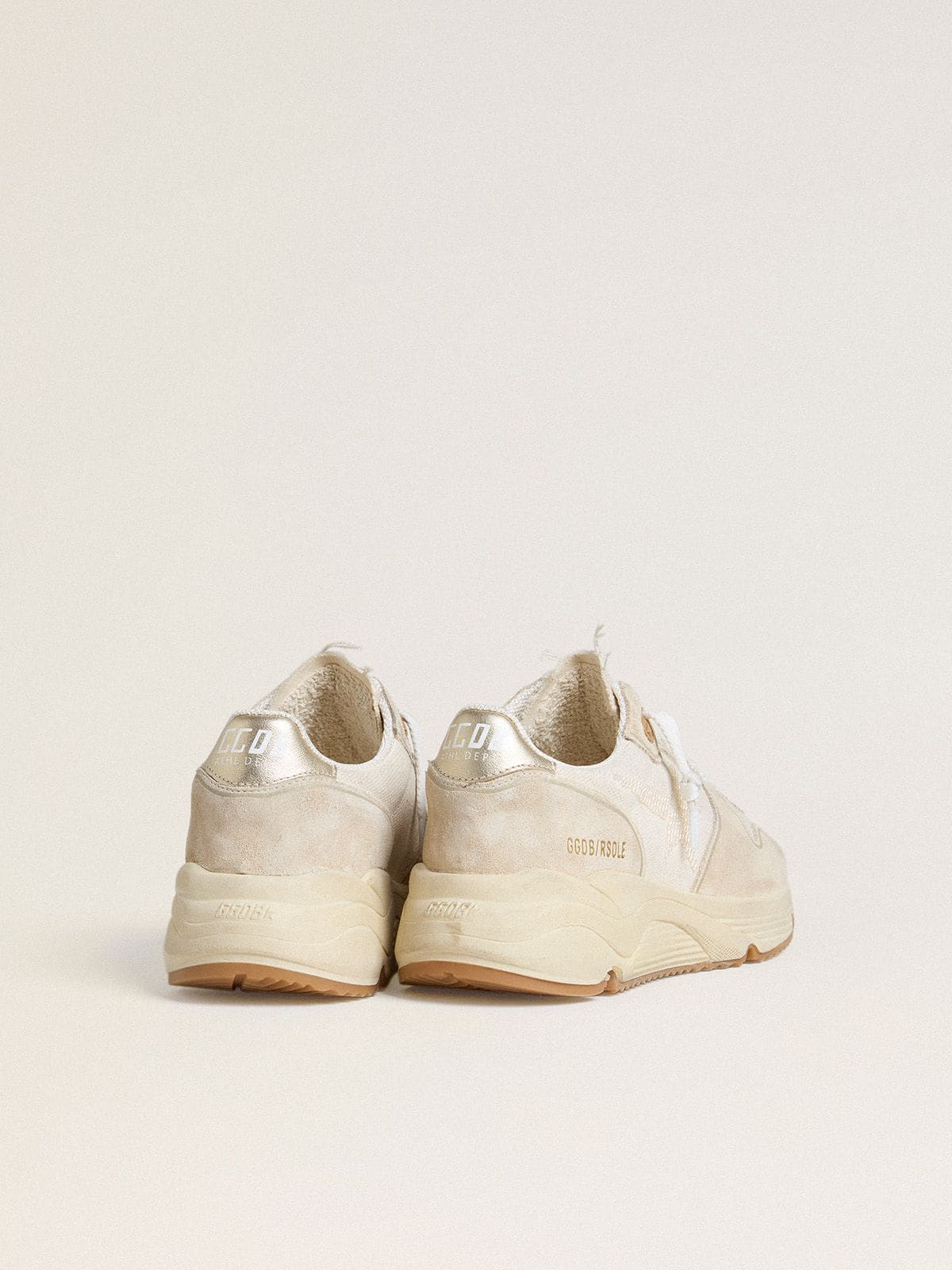 Golden Goose Womens Running Sole In Canvas With Beige Star And Platinum Metallic Leather Heel Tab Womens