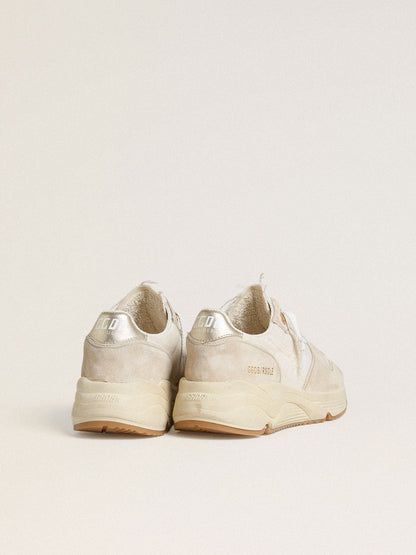 Golden Goose Womens Running Sole In Canvas With Beige Star And Platinum Metallic Leather Heel Tab Womens