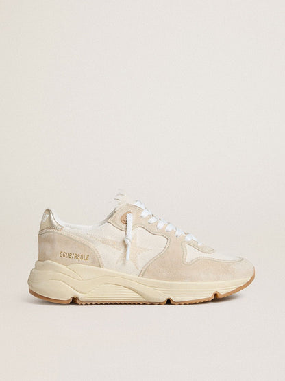 Golden Goose Womens Running Sole In Canvas With Beige Star And Platinum Metallic Leather Heel Tab Womens