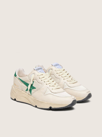 Golden Goose Womens Running Sole In Cream Nylon And Leather With Green Leather Star Womens
