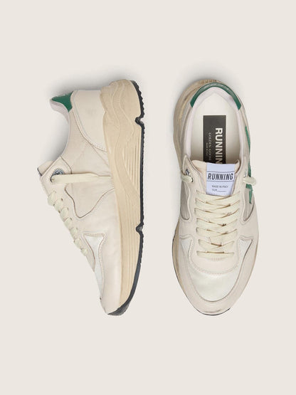 Golden Goose Womens Running Sole In Cream Nylon And Leather With Green Leather Star Womens