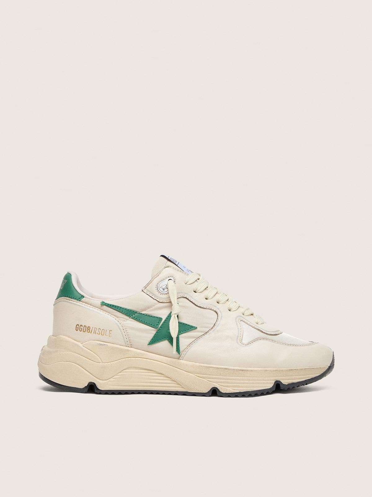 Golden Goose Womens Running Sole In Cream Nylon And Leather With Green Leather Star Womens