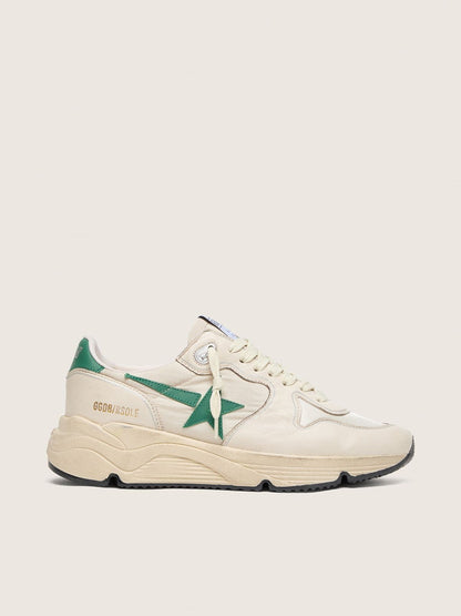 Golden Goose Womens Running Sole In Cream Nylon And Leather With Green Leather Star Womens