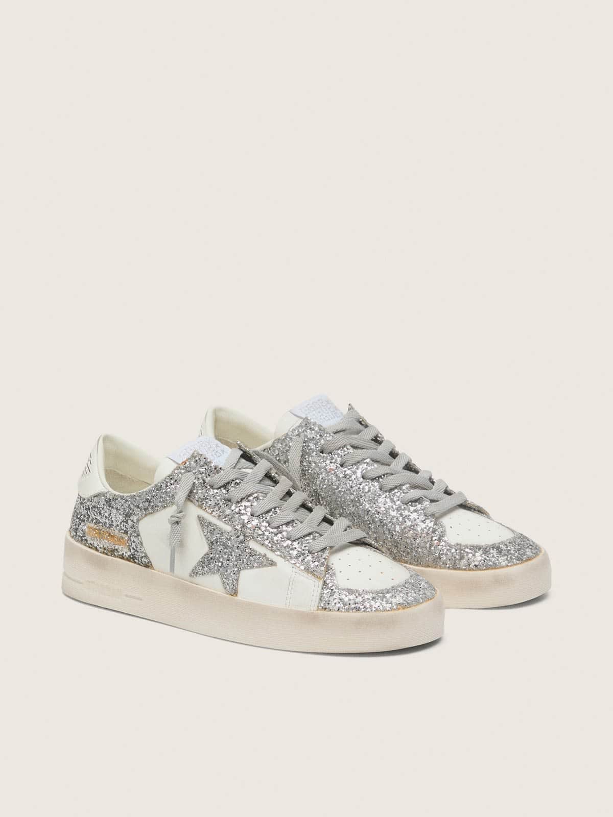 Golden Goose Womens Stardan In White Leather And Glitter Womens