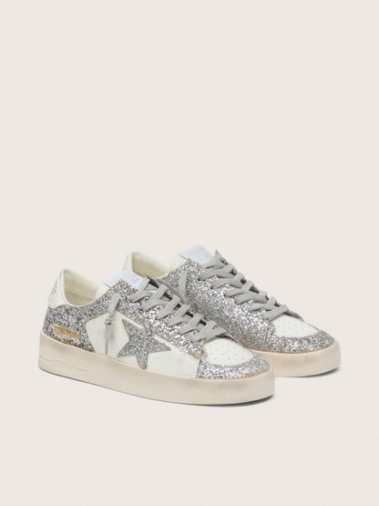 Golden Goose Womens Stardan In White Leather And Glitter Womens