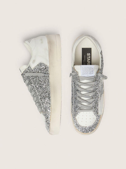 Golden Goose Womens Stardan In White Leather And Glitter Womens