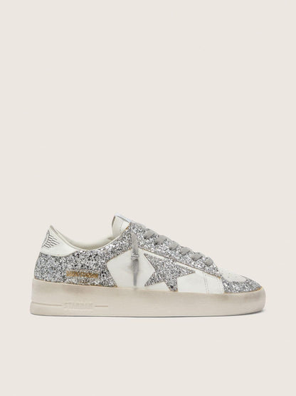 Golden Goose Womens Stardan In White Leather And Glitter Womens