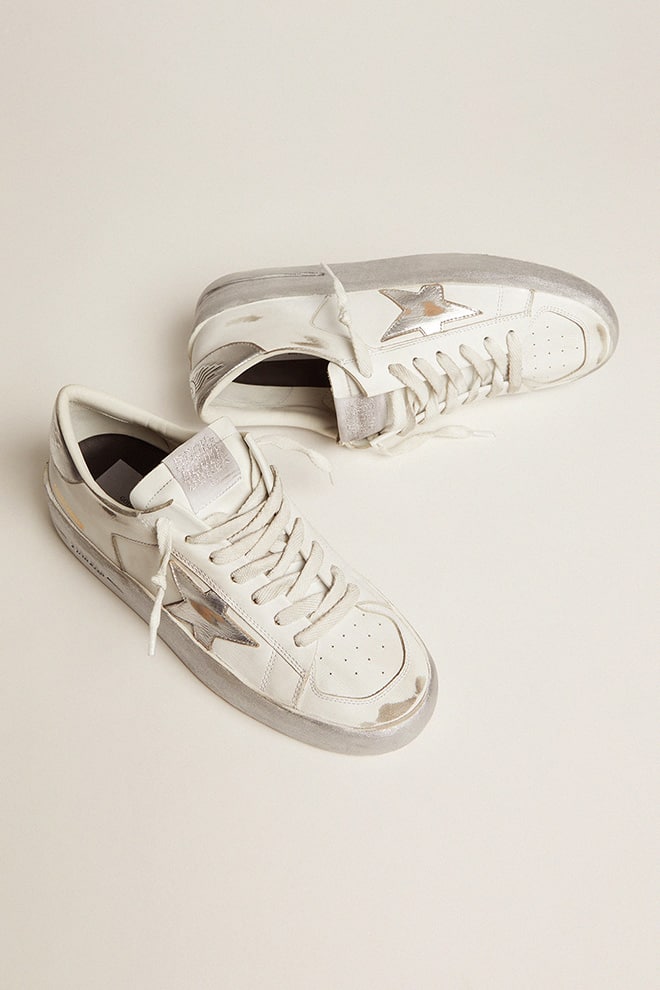 Golden Goose Stardan Sneakers With Silver Metallic Leather Star And Heel Tab Womens