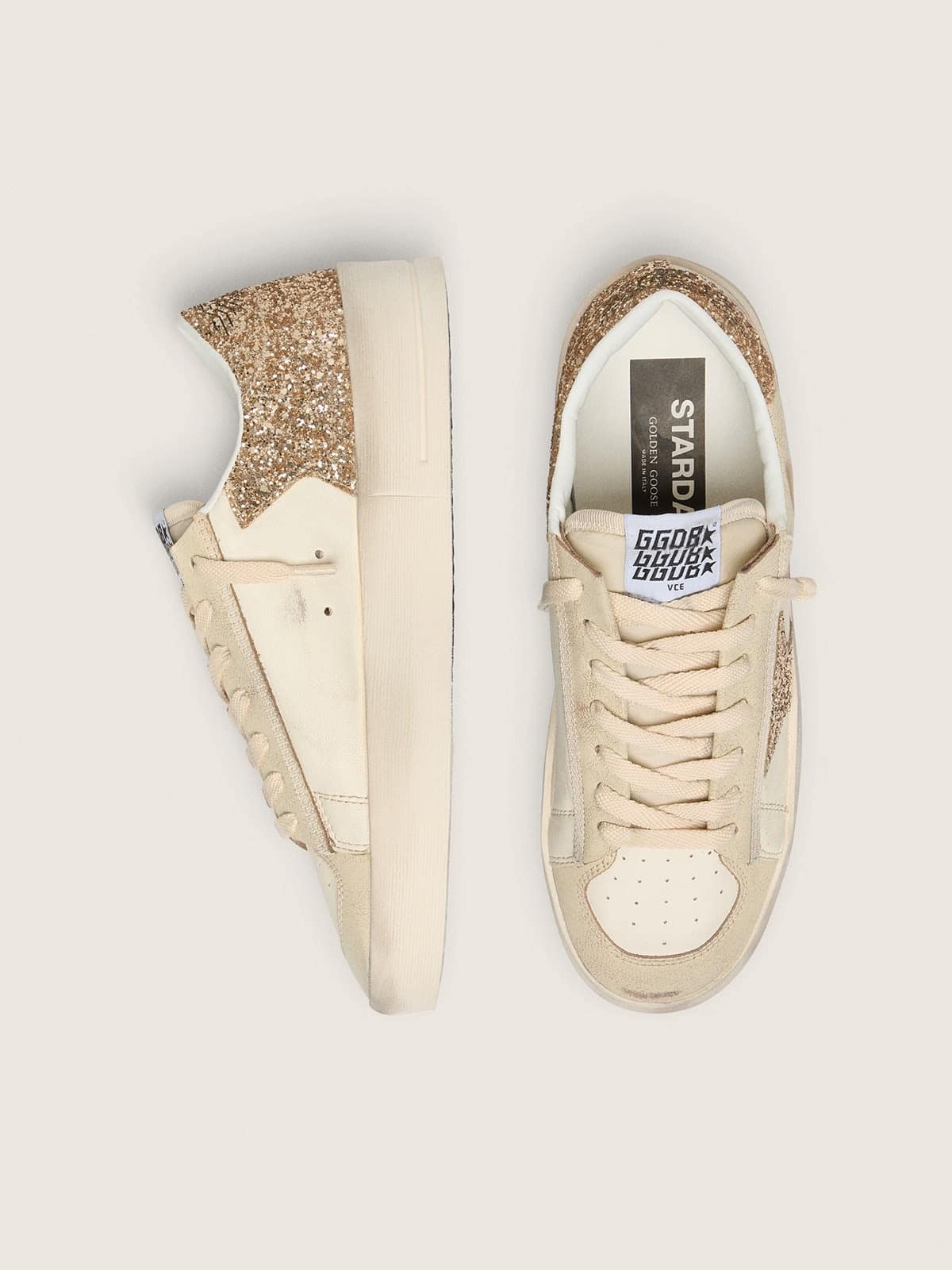 Golden Goose Womens Stardan In Ecru Nappa Leather With Gold Glitter Star And Heel Tab Womens