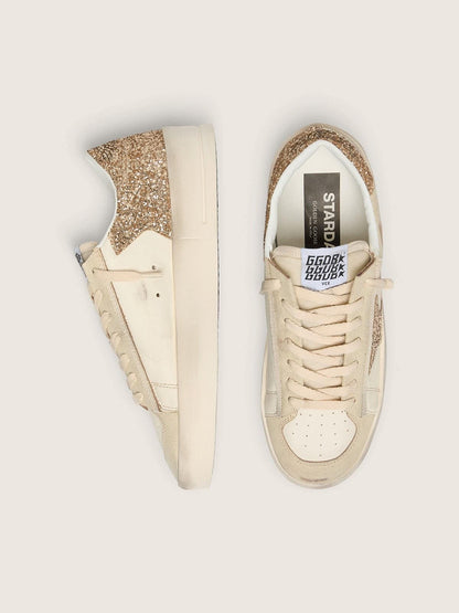 Golden Goose Womens Stardan In Ecru Nappa Leather With Gold Glitter Star And Heel Tab Womens