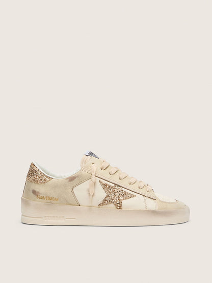 Golden Goose Womens Stardan In Ecru Nappa Leather With Gold Glitter Star And Heel Tab Womens