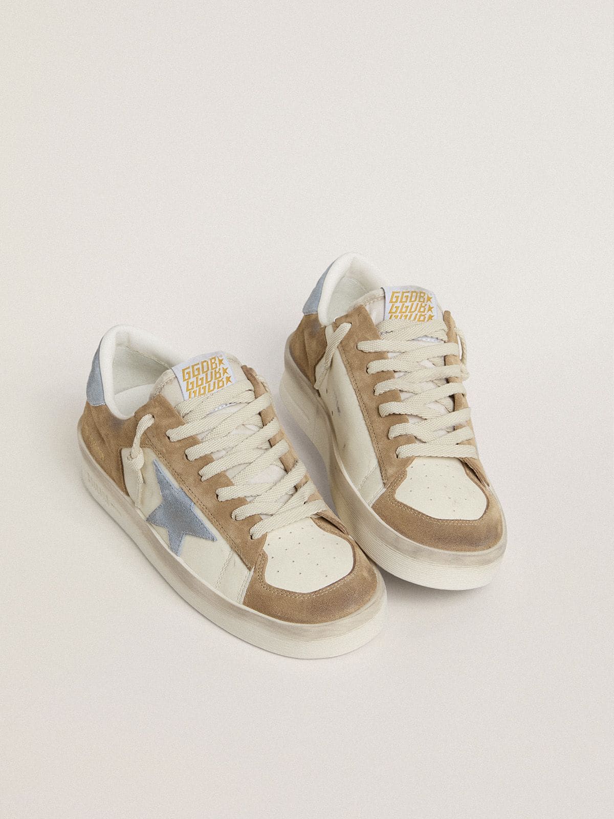 Golden Goose Stardan Ltd In White Leather And Tobacco Suede With Light Blue Suede Star And Heel Tab Womens