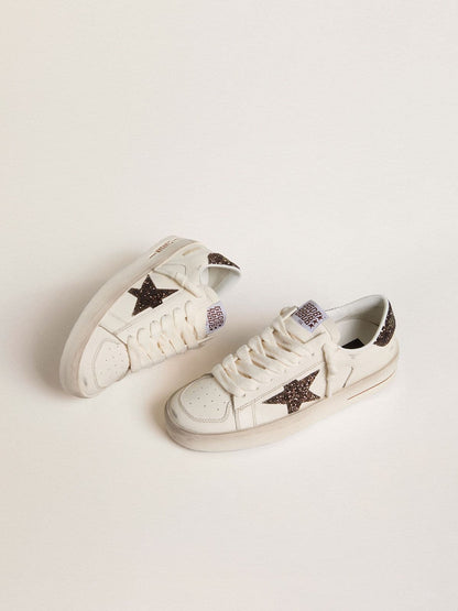 Golden Goose Womens Stardan In White Leather With Brown Glitter Star And Heel Tab Womens