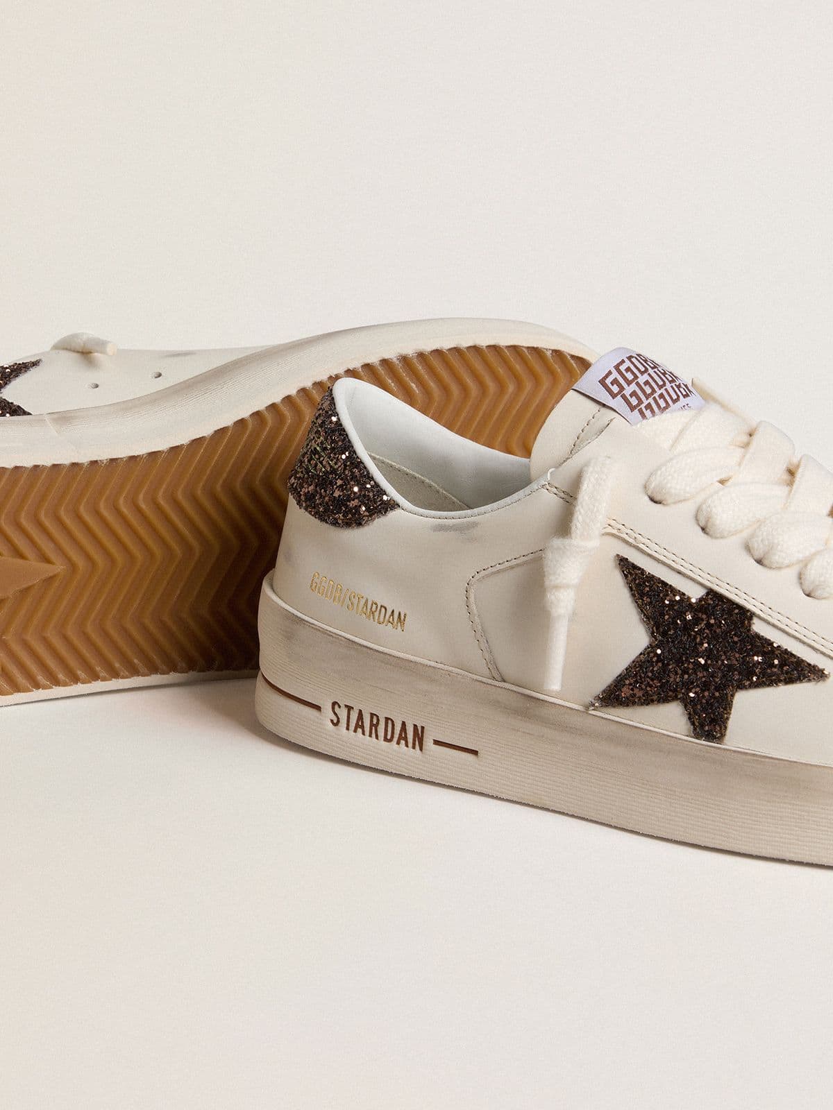 Golden Goose Womens Stardan In White Leather With Brown Glitter Star And Heel Tab Womens
