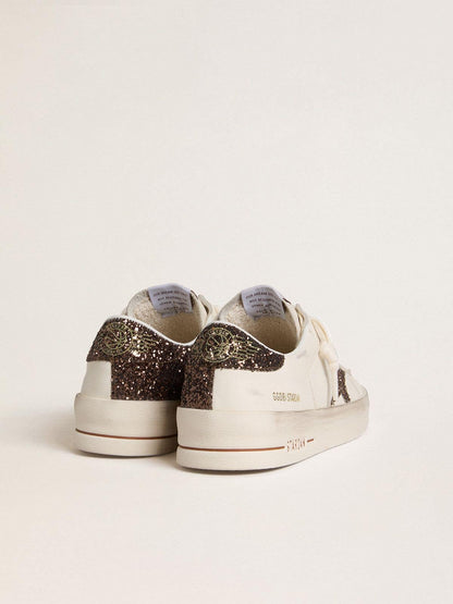 Golden Goose Womens Stardan In White Leather With Brown Glitter Star And Heel Tab Womens