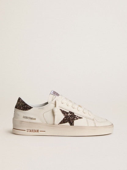 Golden Goose Womens Stardan In White Leather With Brown Glitter Star And Heel Tab Womens