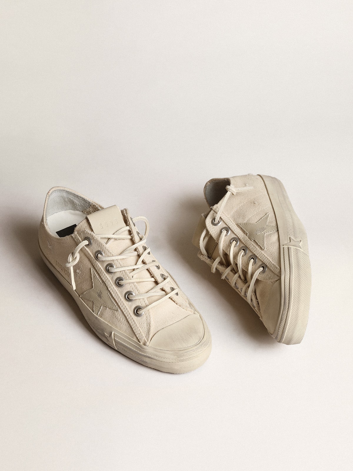 Golden Goose V-Star In Light Cream Canvas With Milk-White Leather Star Womens