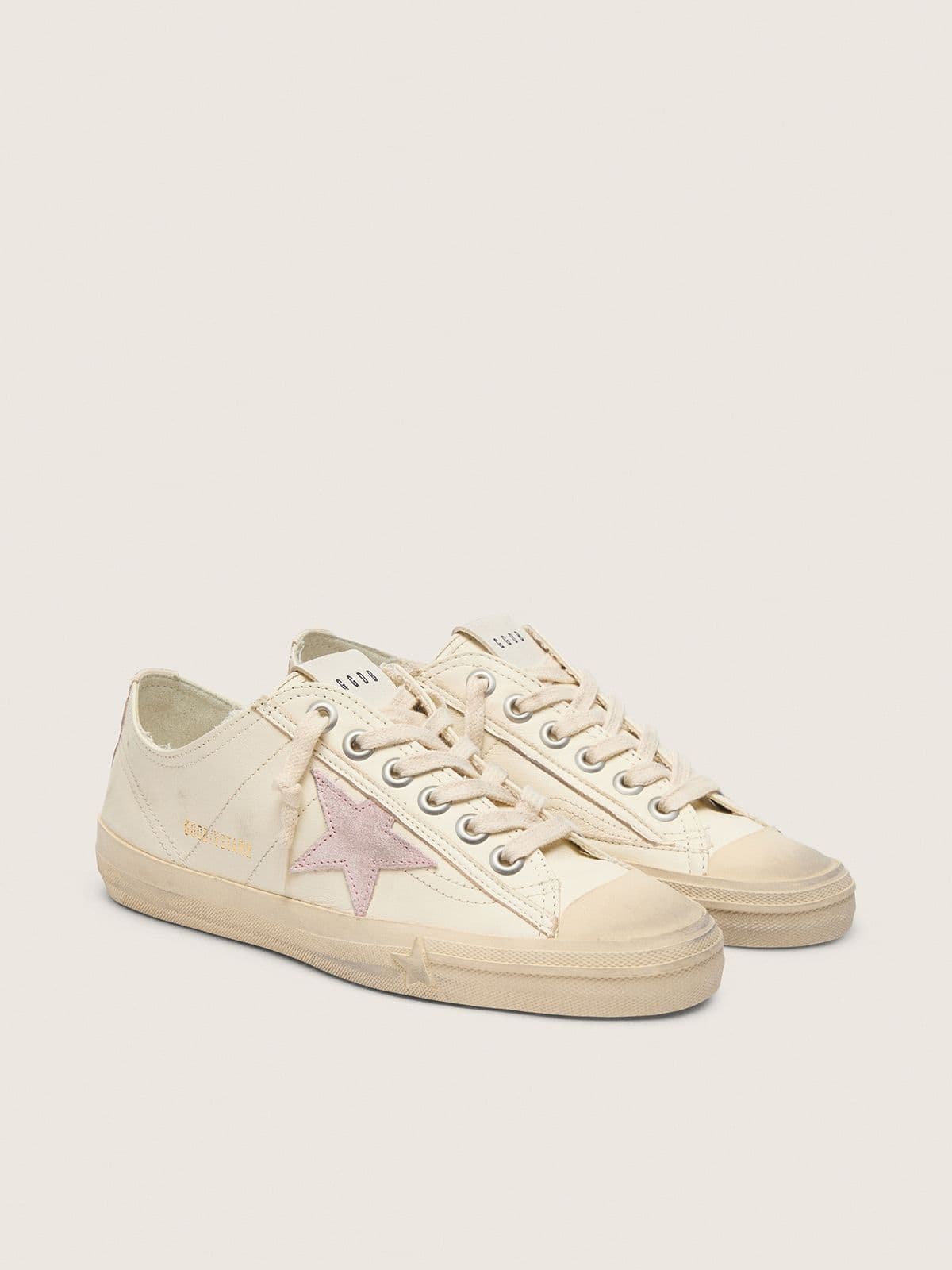 Golden Goose V-Star In Beige Nappa Leather With Old-Rose Suede Star Womens