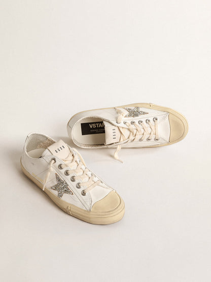 Golden Goose V-Star In White Leather With A Platinum Glitter Star Womens