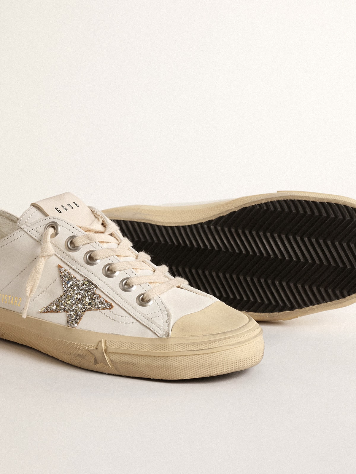 Golden Goose V-Star In White Leather With A Platinum Glitter Star Womens