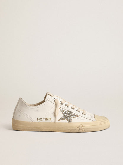 Golden Goose V-Star In White Leather With A Platinum Glitter Star Womens