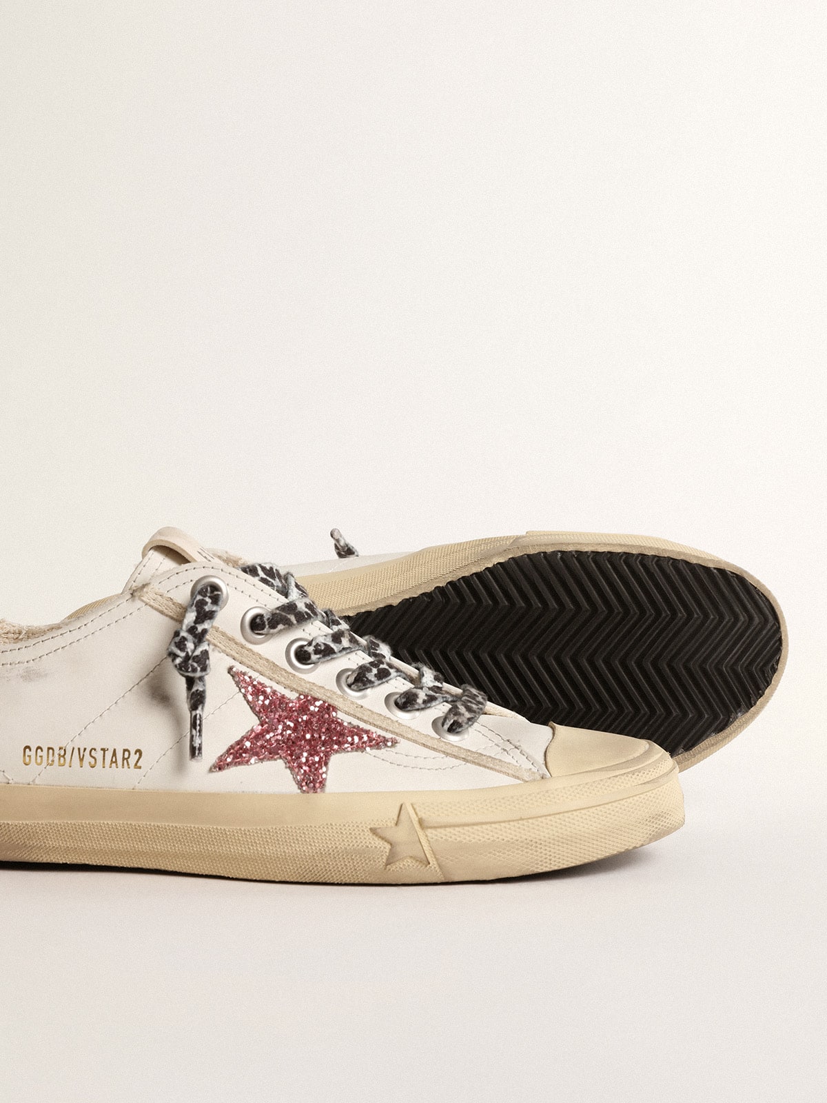 Golden Goose V-Star With Pink Glitter Star And Metallic Leather Heel Tab Womens
