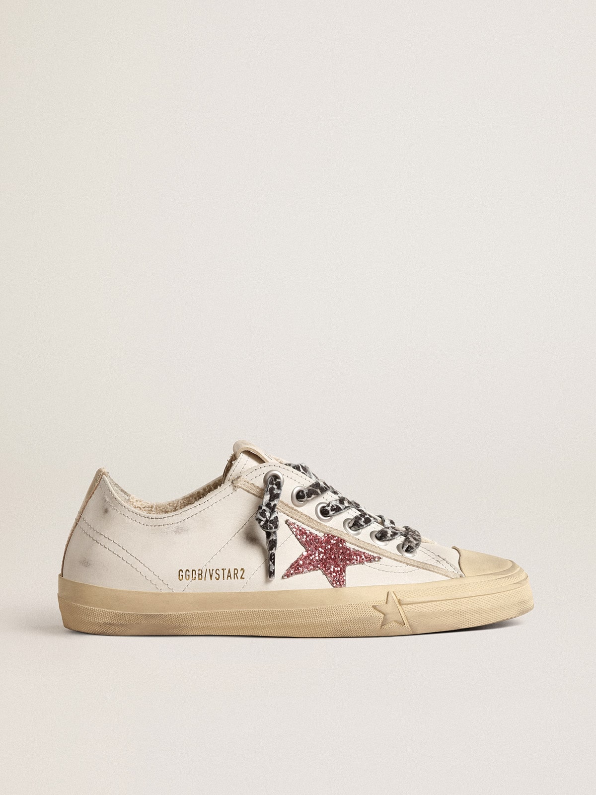 Golden Goose V-Star With Pink Glitter Star And Metallic Leather Heel Tab Womens