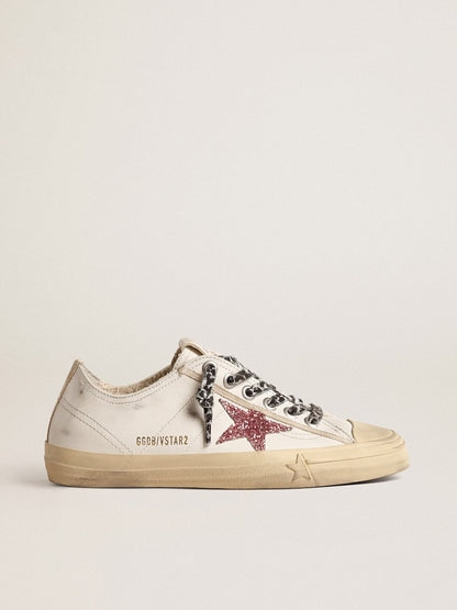 Golden Goose V-Star With Pink Glitter Star And Metallic Leather Heel Tab Womens