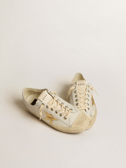 Golden Goose V-Star In White Leather With Gold Metallic Leather Star Womens