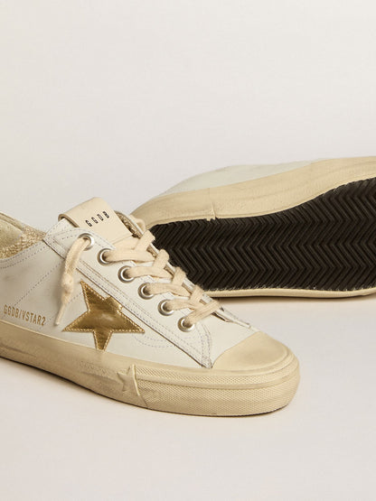 Golden Goose V-Star In White Leather With Gold Metallic Leather Star Womens