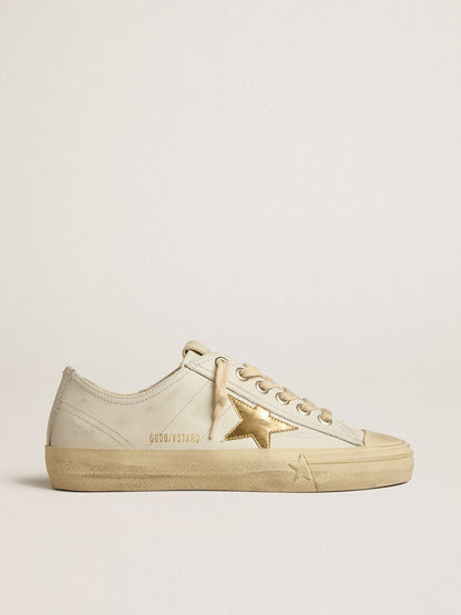 Golden Goose V-Star In White Leather With Gold Metallic Leather Star Womens