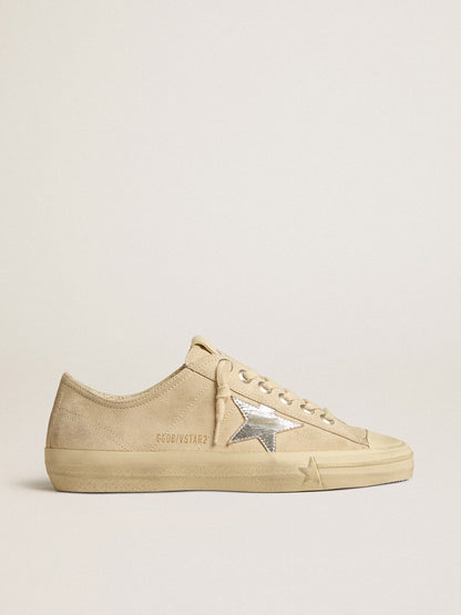 Golden Goose Womens V-Star In Pearl Suede With Silver Metallic Leather Star Womens