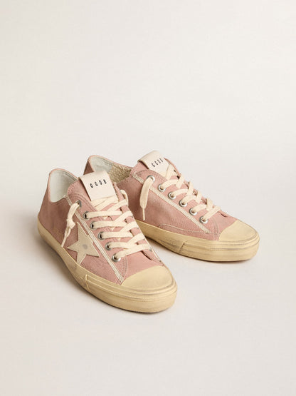 Golden Goose Womens V-Star In Pink Suede With Cream Leather Star Womens