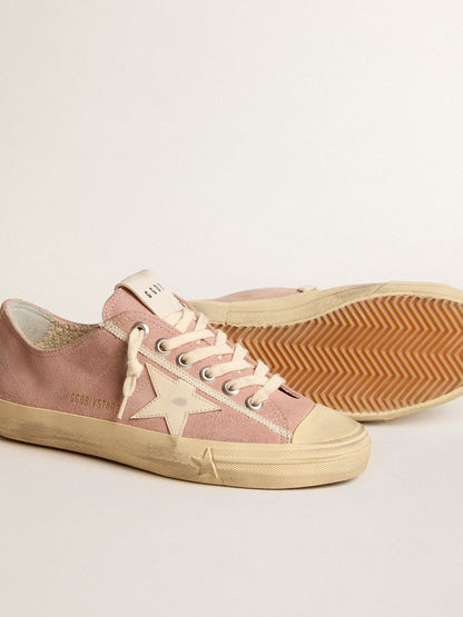 Golden Goose Womens V-Star In Pink Suede With Cream Leather Star Womens