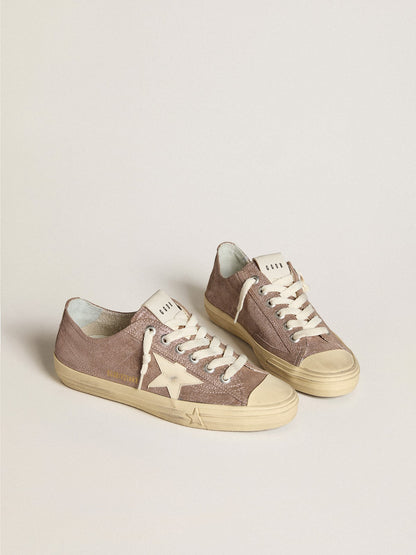 Golden Goose Womens V-Star In Light Brown Metallic Suede With Cream Leather Star Womens