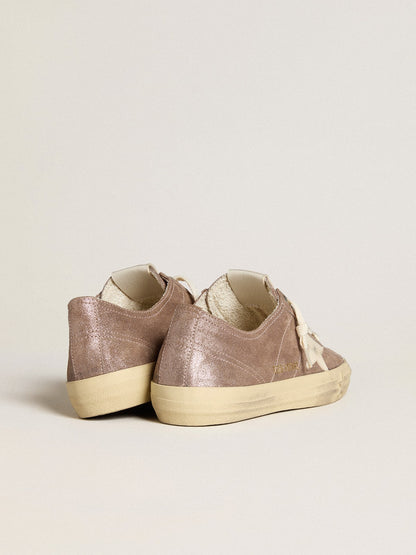 Golden Goose Womens V-Star In Light Brown Metallic Suede With Cream Leather Star Womens