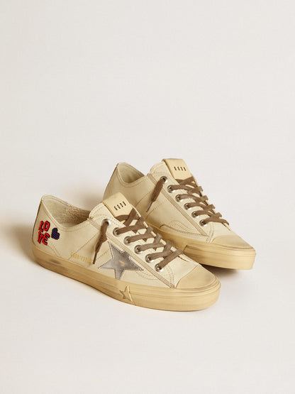 Golden Goose V-Star In Ecru Nappa With Silver Nappa Star And Beaded Embroidery Womens