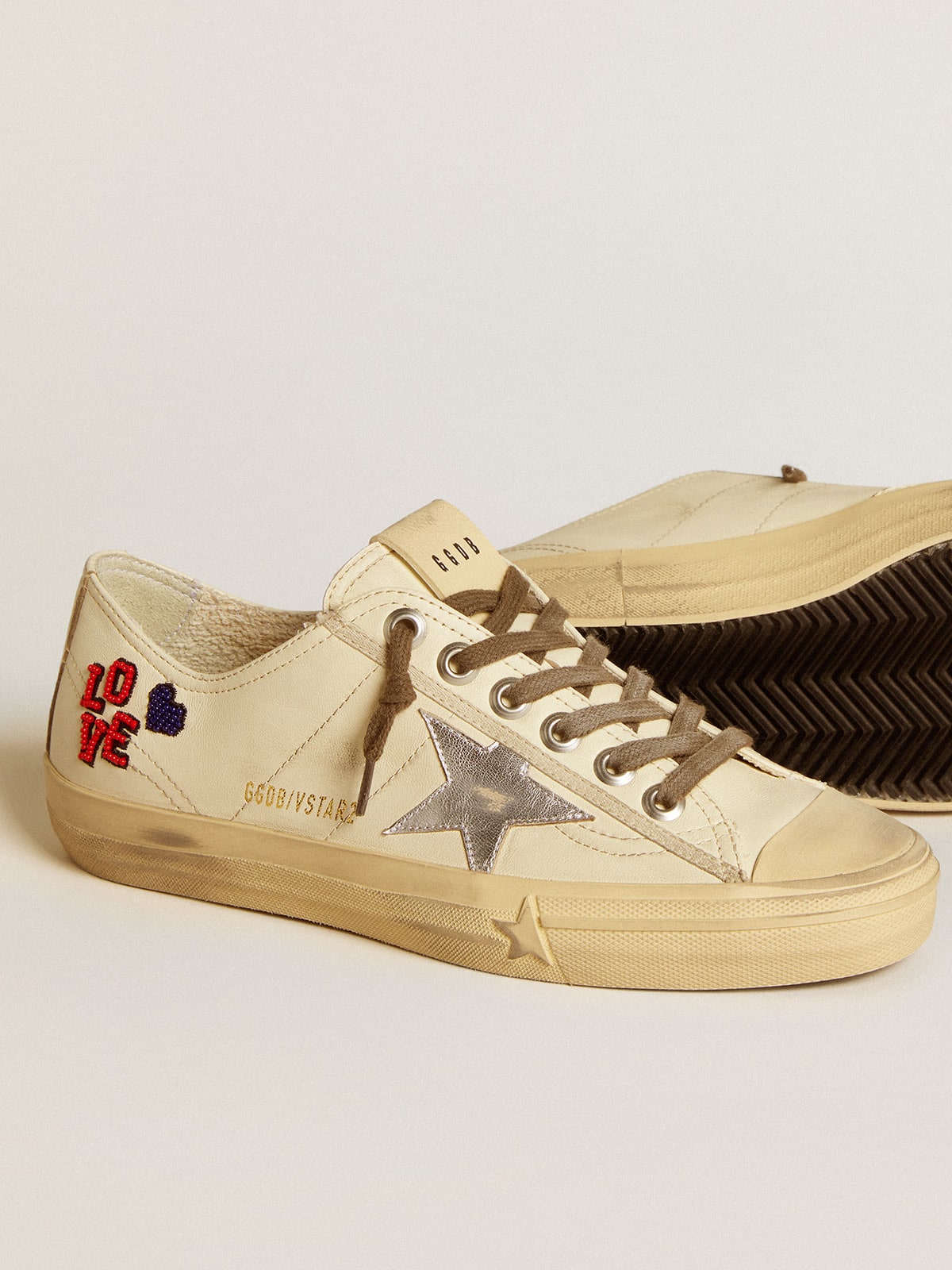 Golden Goose V-Star In Ecru Nappa With Silver Nappa Star And Beaded Embroidery Womens