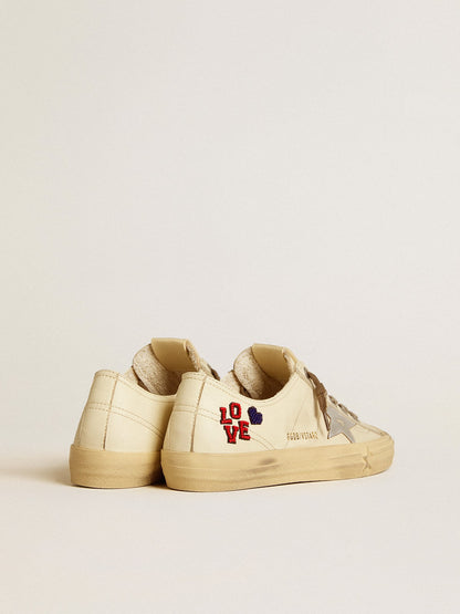 Golden Goose V-Star In Ecru Nappa With Silver Nappa Star And Beaded Embroidery Womens