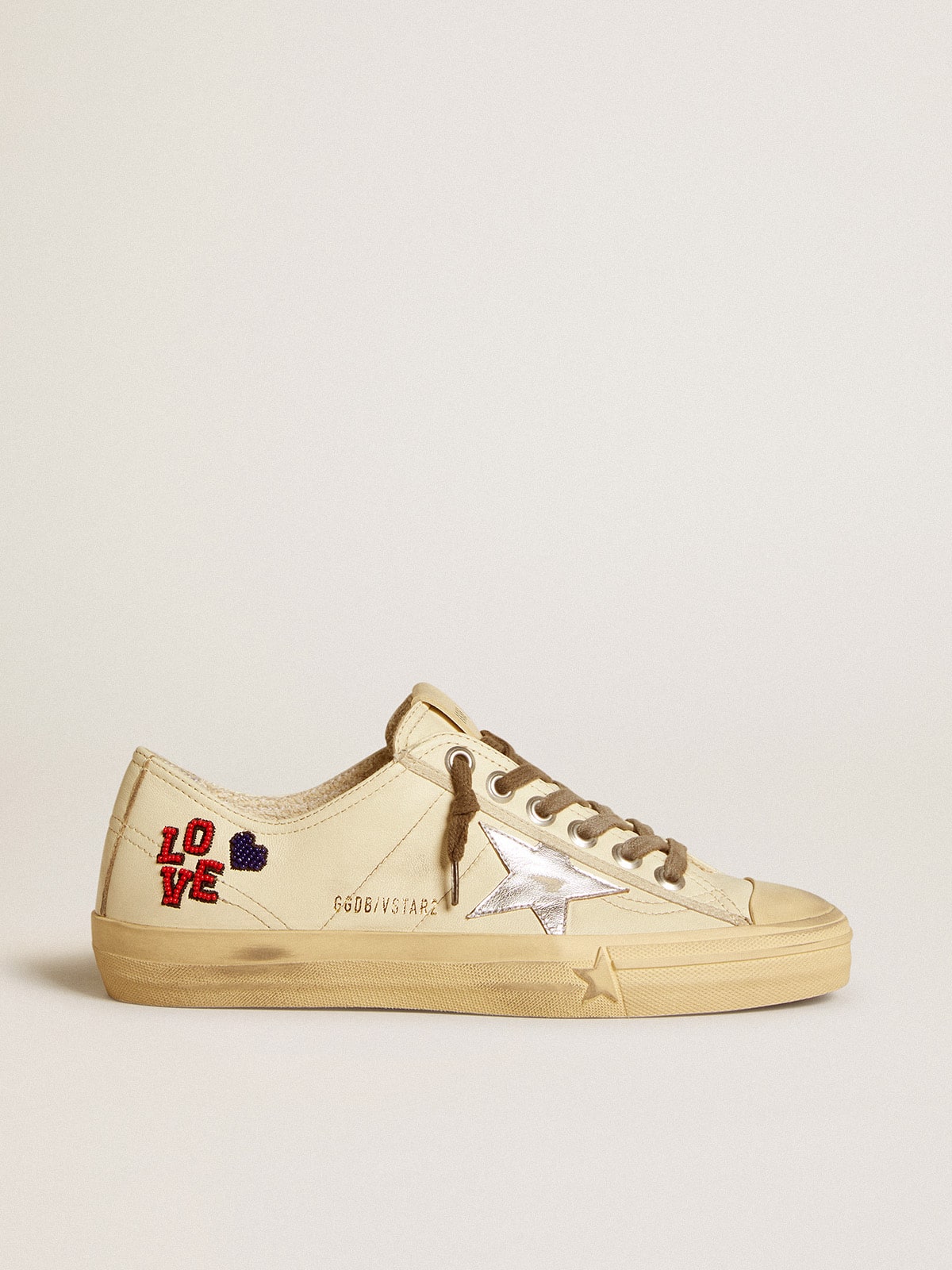 Golden Goose V-Star In Ecru Nappa With Silver Nappa Star And Beaded Embroidery Womens
